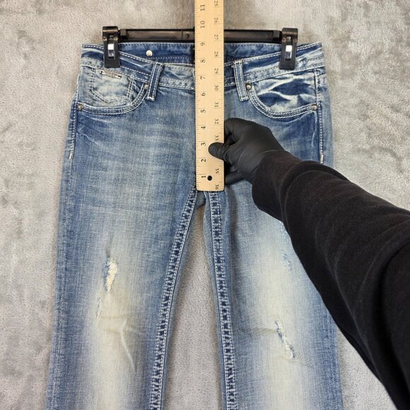 Rerock for Express Jeans Womens 2 Blue Bootcut Stretch Distressed Embroidered - Picture 3 of 12